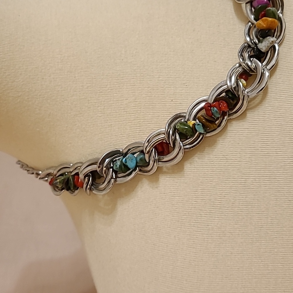 Multi-Colored Stone Weave Silver-Tone Double Link… - image 3